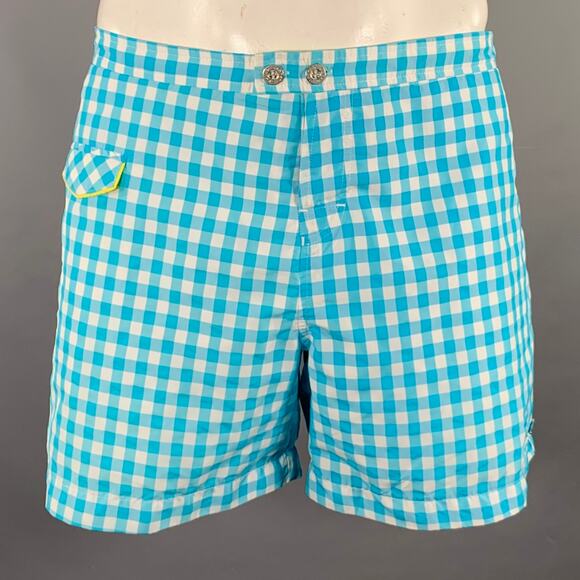 PARKE & RONEN Size 36 Turquoise White Gingham Polyester Blend Swim Trunks - Picture 1 of 7